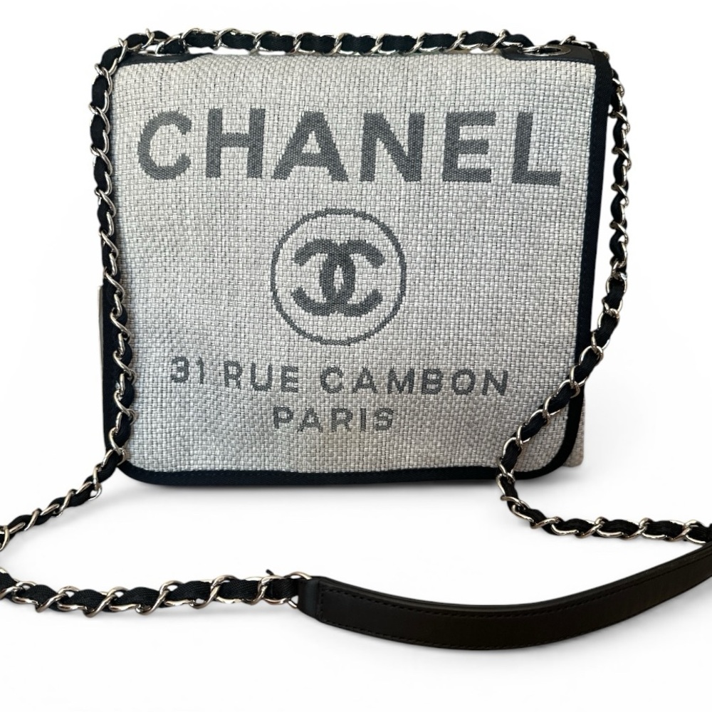 CHANEL COCOMARK Deauville Gray Canvas Crossbody with Black Trim and Chain Strap